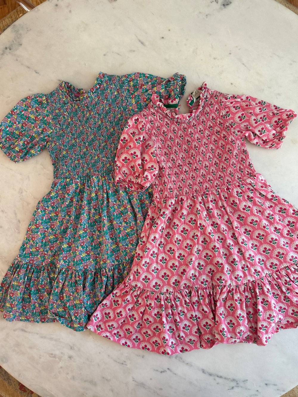 2 Mini Boden Pink & Blue Floral Smocked Dresses Size 7-8